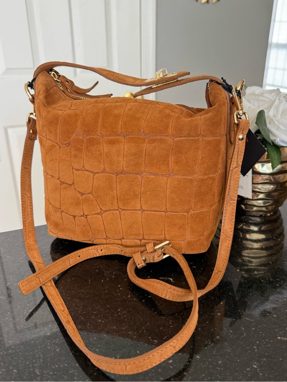 CLAUDIA made in italy suede embossed folded handle satchel Croc